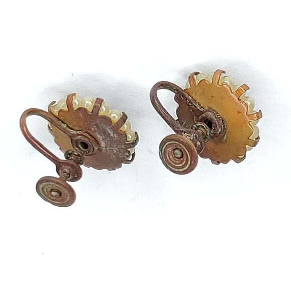 Vintage Blue Rhinestone Faux Pearl Earrings Screwback 5/8" - Picture 3 of 4